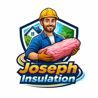 Logo for Joseph Insulation featuring a smiling contractor in hard hat holding pink insulation material